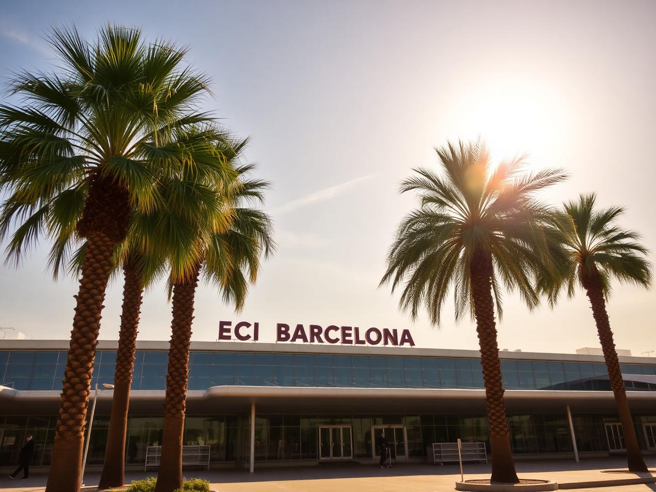 Barcelona El Prat airport exterior with palm trees in Mediterranean light