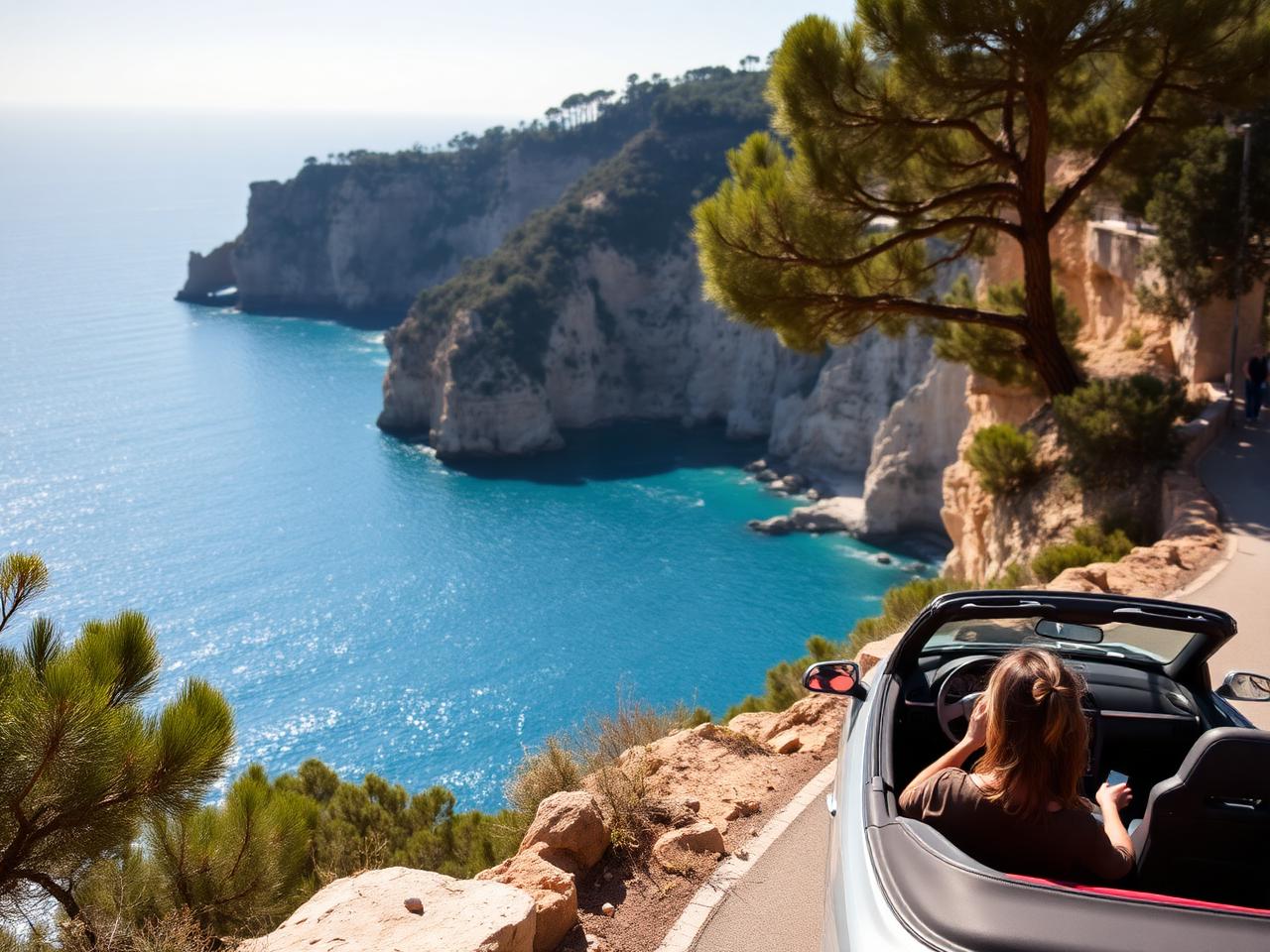 Convertible driving along a Costa Brava coastal road near Lloret de Mar