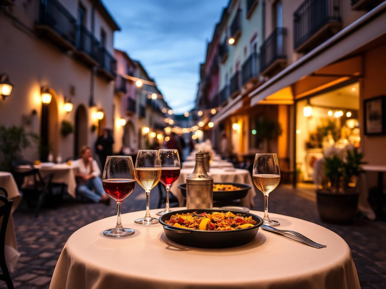 Outdoor tapas dinner with paella and wine in the Lloret de Mar old town at dusk